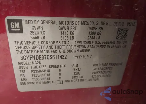 2012 Cadillac Srx Luxury Collection z USA, uszkodzony, nr VIN 3GYFNDE37CS611432